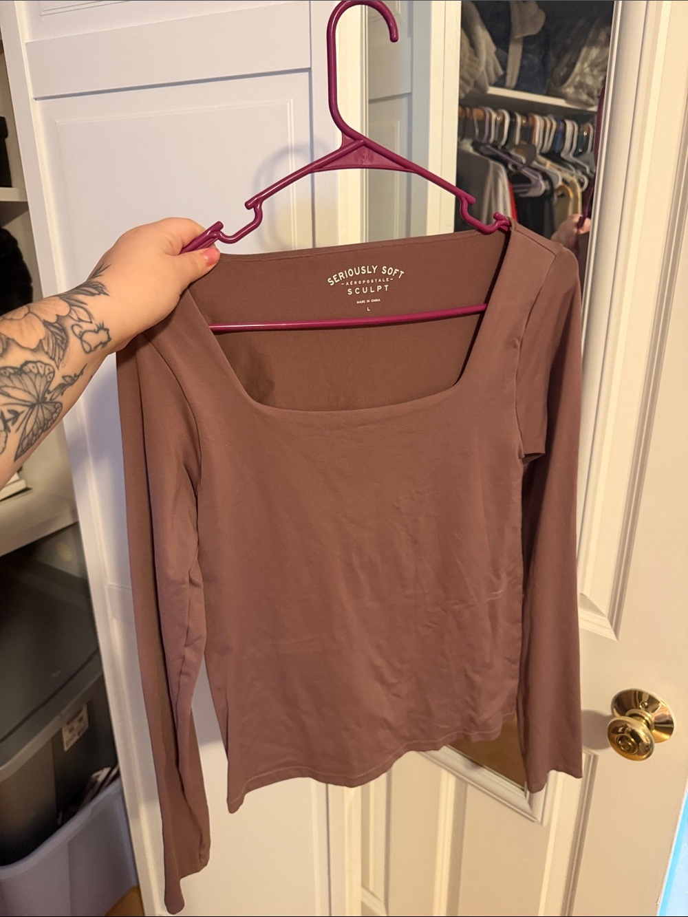 Aeropostale Mauve Brown Square Neck Long Sleeve Top